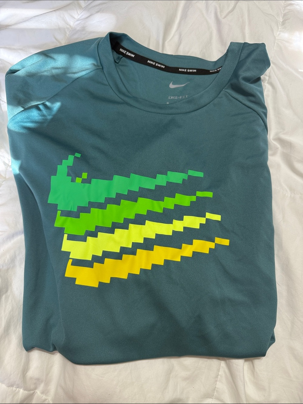 Nike Men’s Short Sleeve Swim Tee - Teal with Green and Yellow Logo - Picture 10 of 10